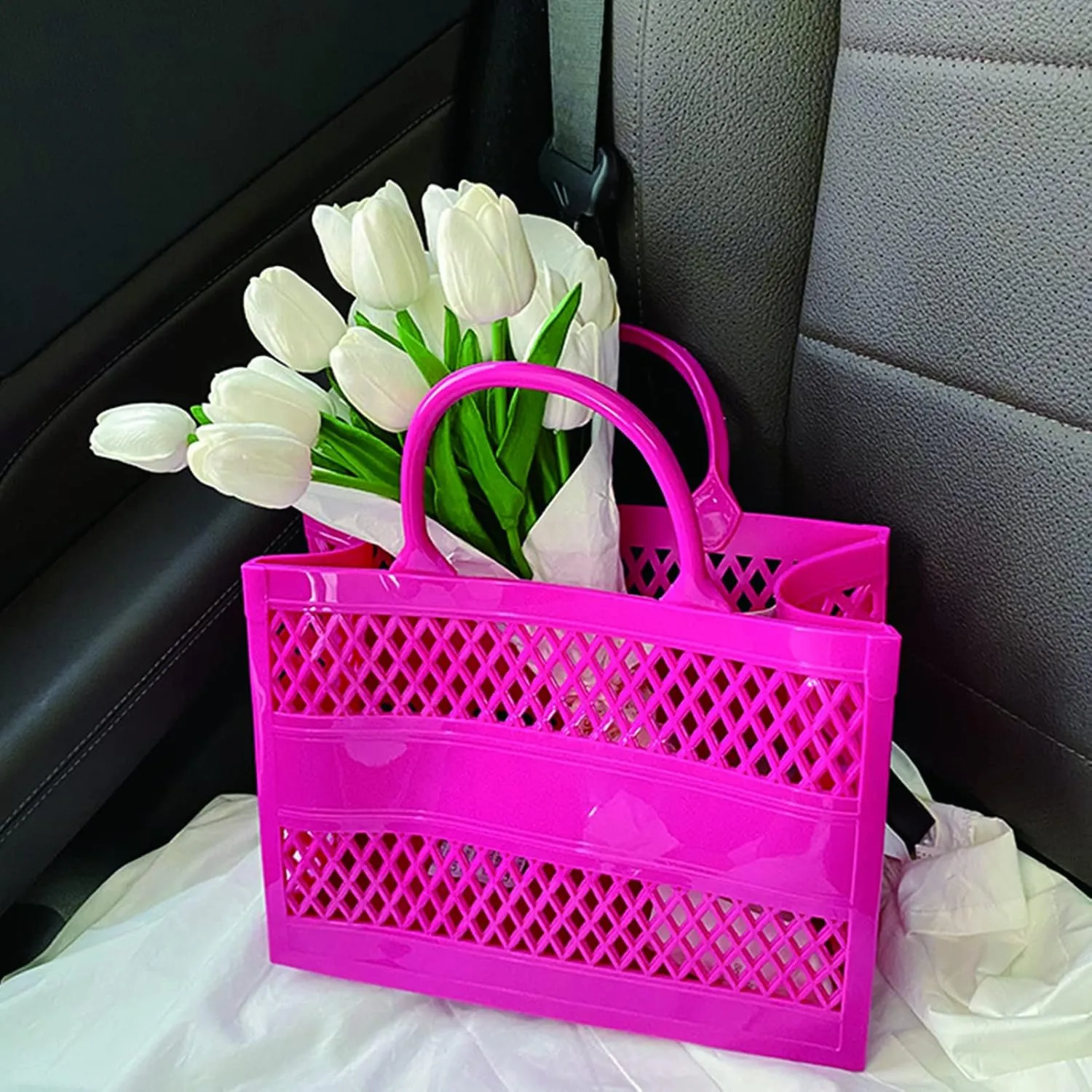 Beach Bag, Jelly Beach Bag Plastic Basket Purse, Flower Tote Bag Aesthetic, Gift Bag for Kids,Girls, Women