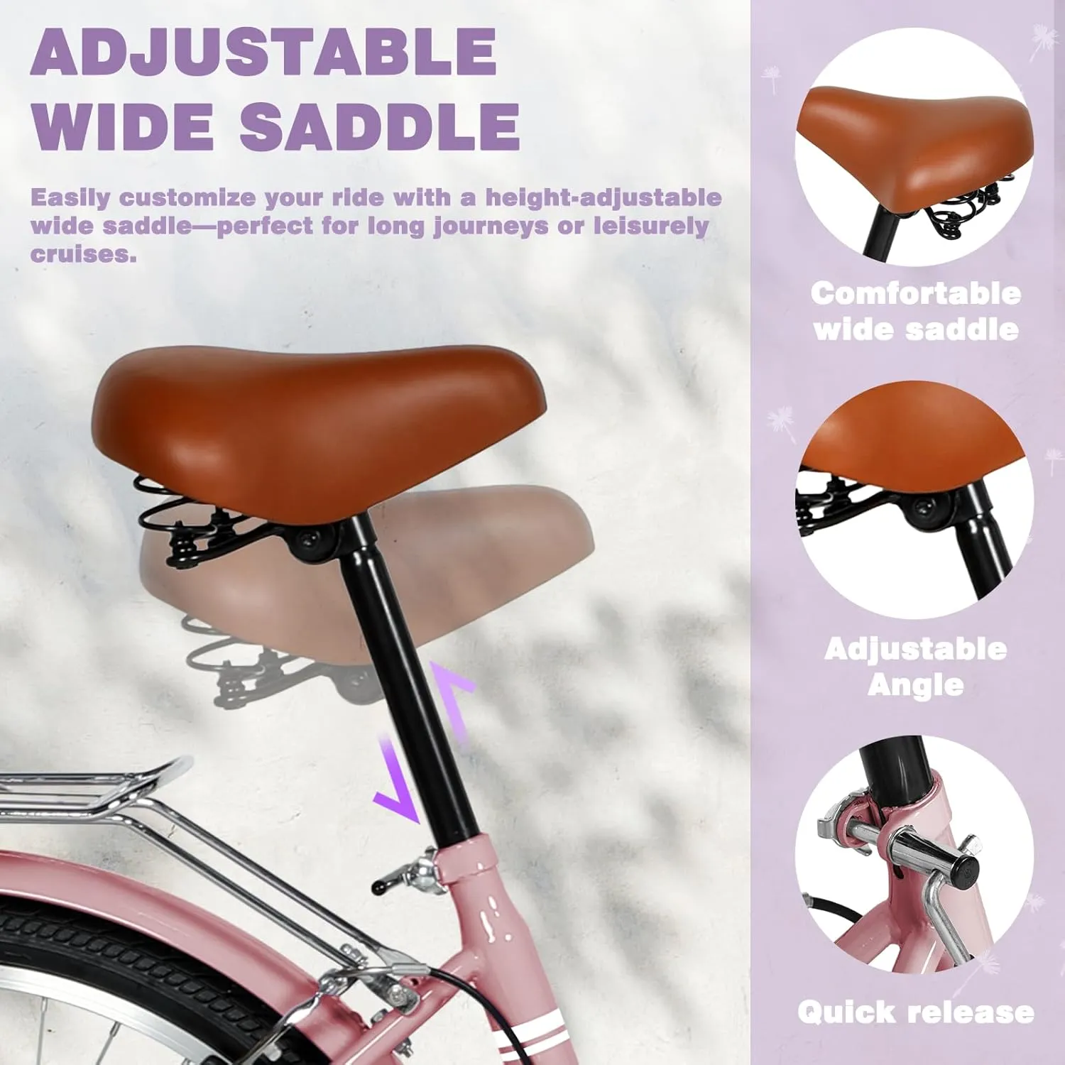 Beach Cruiser Bike for Adult, Womens Bicycle with Rattan Front Basket, 24 & 26 Inch Comfort Bikes with Adjustable Seat and Dual V-Brake (Pink & White & Green & Purple & Black)