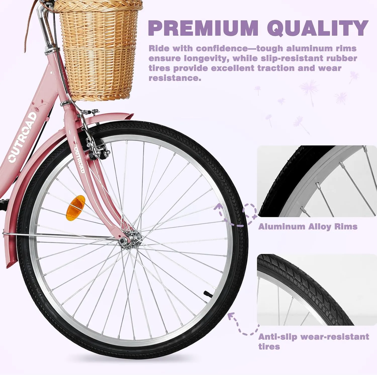 Beach Cruiser Bike for Adult, Womens Bicycle with Rattan Front Basket, 24 & 26 Inch Comfort Bikes with Adjustable Seat and Dual V-Brake (Pink & White & Green & Purple & Black)