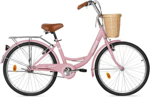Beach Cruiser Bike for Adult, Womens Bicycle with Rattan Front Basket, 24 & 26 Inch Comfort Bikes with Adjustable Seat and Dual V-Brake (Pink & White & Green & Purple & Black)