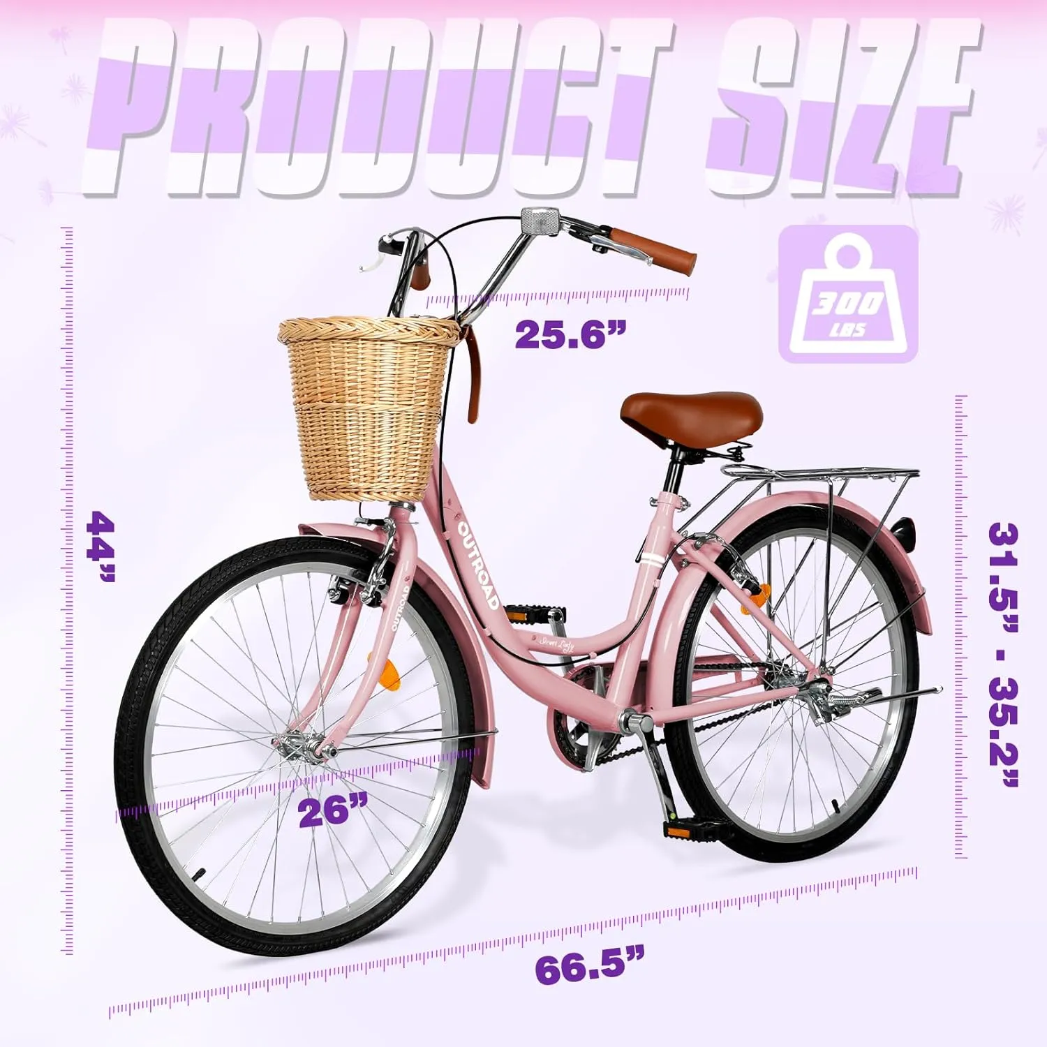 Beach Cruiser Bike for Adult, Womens Bicycle with Rattan Front Basket, 24 & 26 Inch Comfort Bikes with Adjustable Seat and Dual V-Brake (Pink & White & Green & Purple & Black)