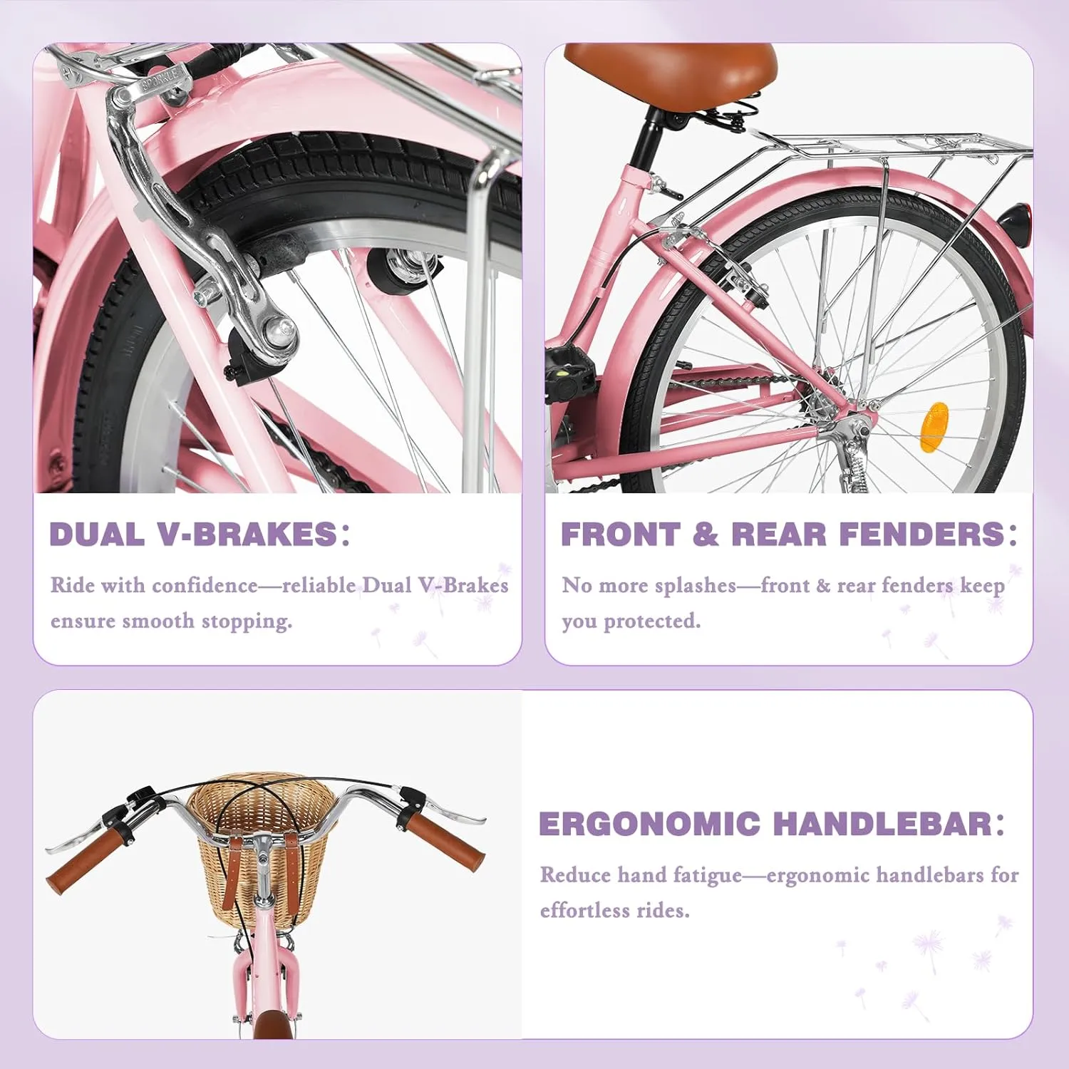 Beach Cruiser Bike for Adult, Womens Bicycle with Rattan Front Basket, 24 & 26 Inch Comfort Bikes with Adjustable Seat and Dual V-Brake (Pink & White & Green & Purple & Black)