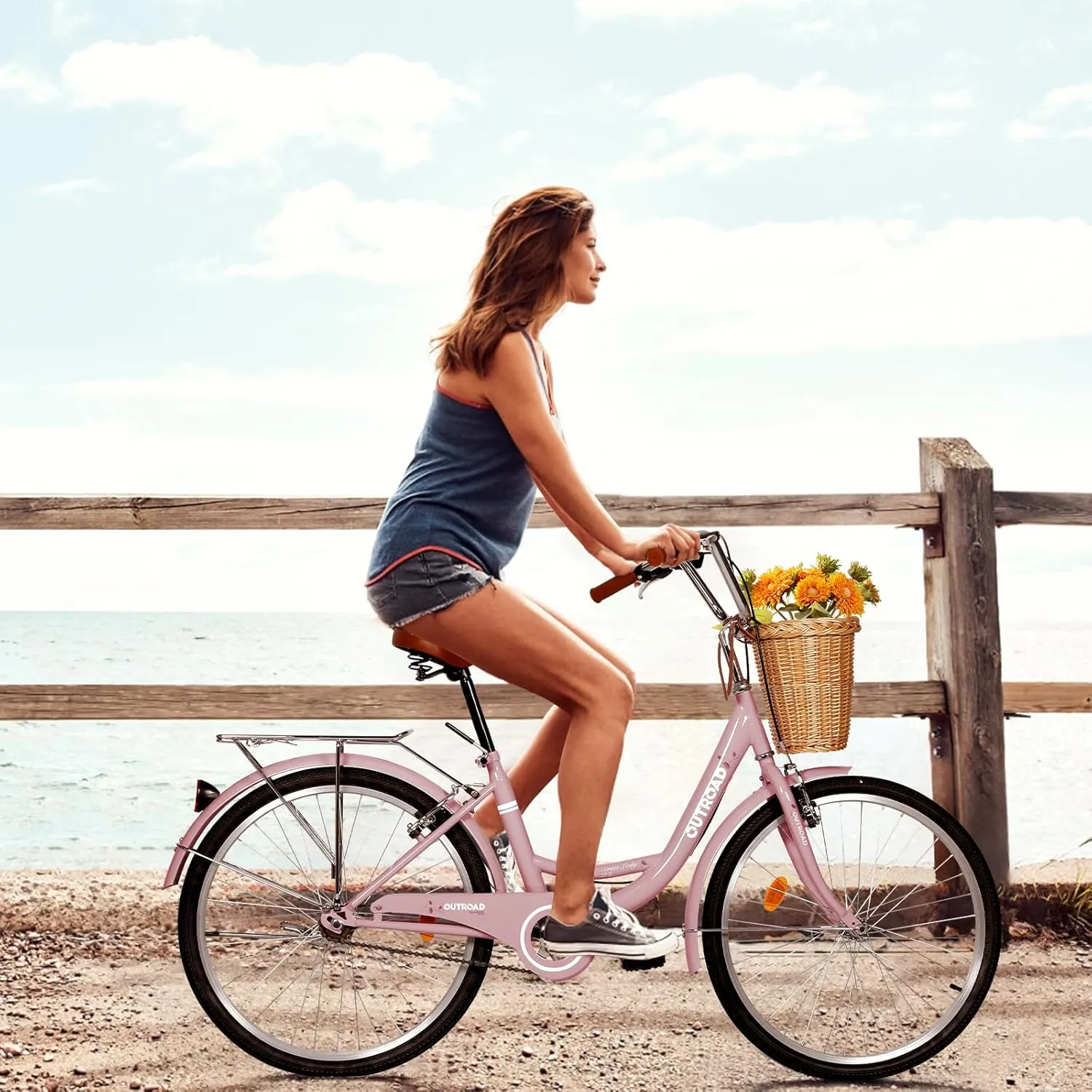 Beach Cruiser Bike for Adult, Womens Bicycle with Rattan Front Basket, 24 & 26 Inch Comfort Bikes with Adjustable Seat and Dual V-Brake (Pink & White & Green & Purple & Black)