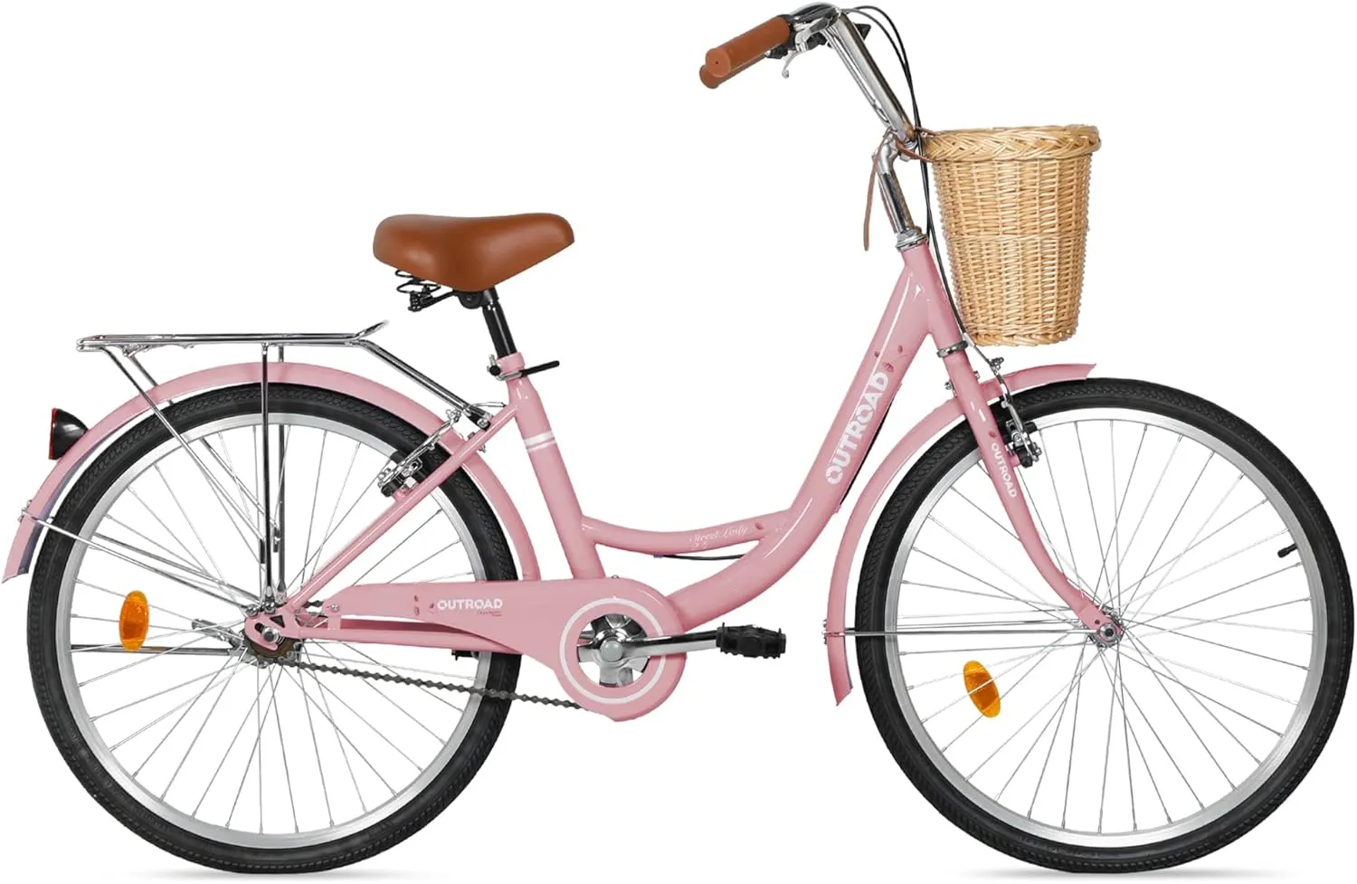 Beach Cruiser Bike for Adult, Womens Bicycle with Rattan Front Basket, 24 & 26 Inch Comfort Bikes with Adjustable Seat and Dual V-Brake (Pink & White & Green & Purple & Black)
