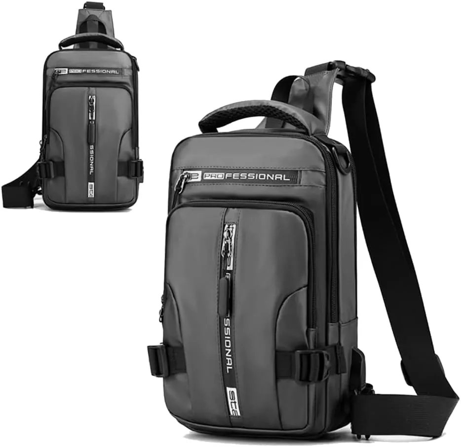 Bealin Waterproof Sling Bag Crossbody Backpack for Men Women Multipurpose Waist Pack with USB Charging Port for Hiking Walking Grey