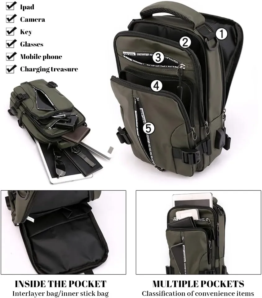 Bealin Waterproof Sling Bag Crossbody Backpack for Men Women Multipurpose Waist Pack with USB Charging Port for Hiking Walking Grey