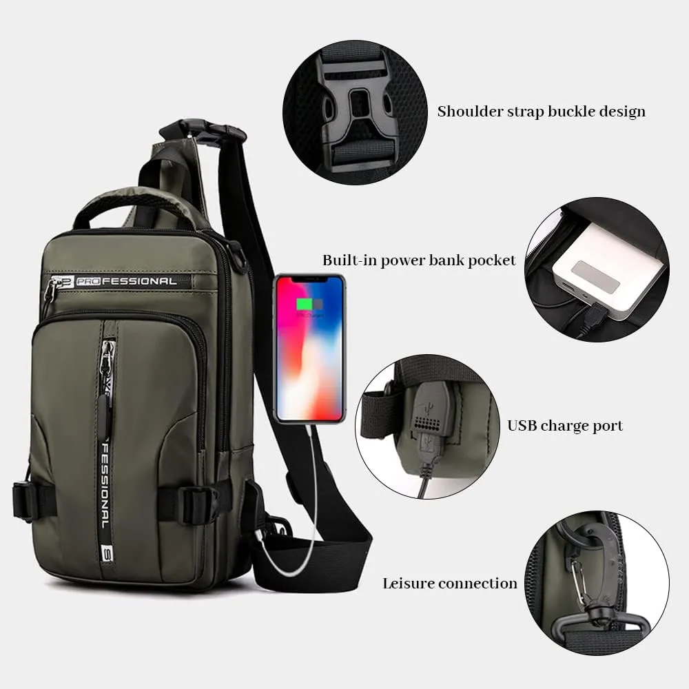 Bealin Waterproof Sling Bag Crossbody Backpack for Men Women Multipurpose Waist Pack with USB Charging Port for Hiking Walking Grey
