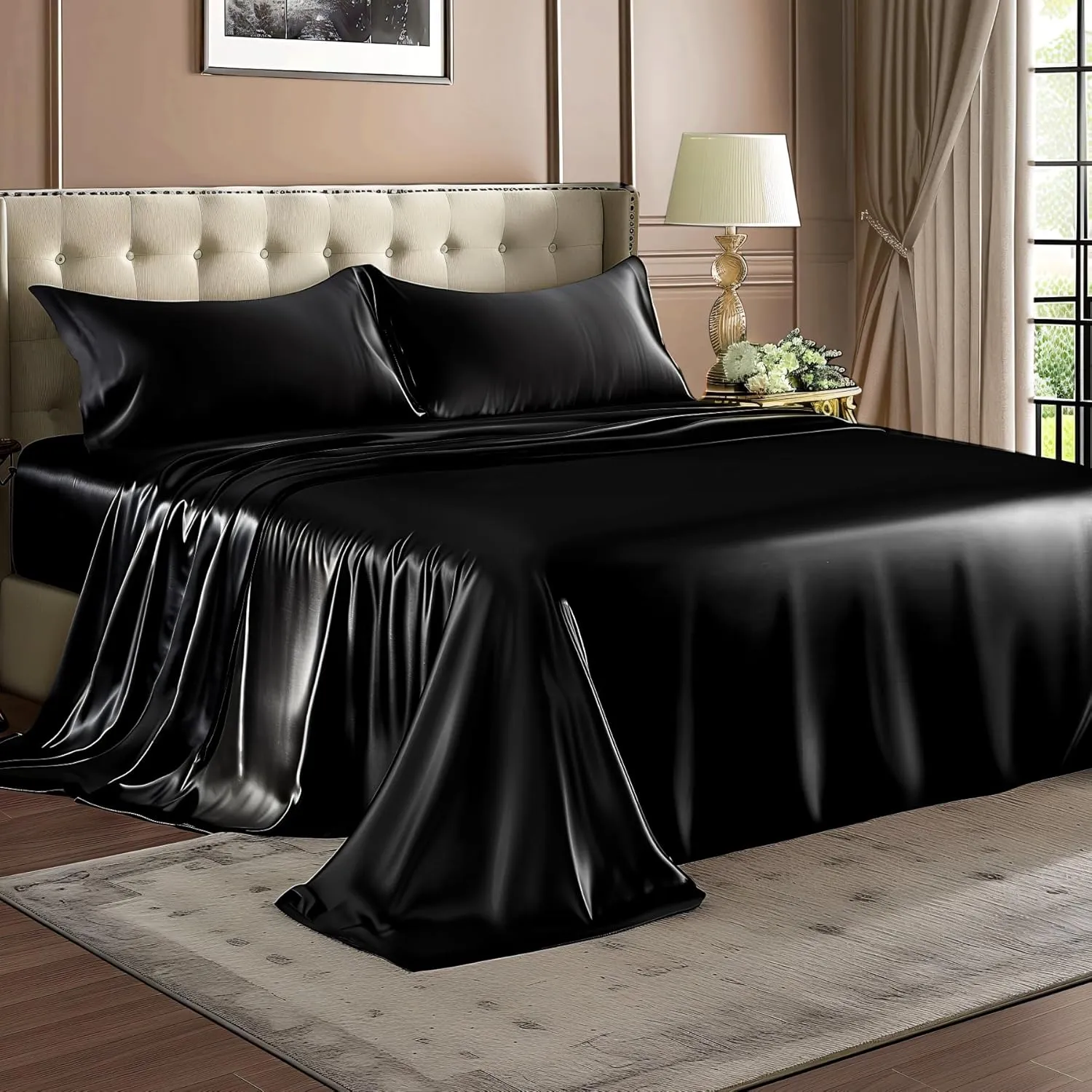 BEDELITE Satin Sheets Queen Size Bed Set, Luxury Soft Black Silky Sheets for Hair and Skin, Similar to Silk Bed Sheets Set 4 Pieces with 1 Deep Pocket Fitted Sheet, 1 Flat Sheet, and 2 Pillowcases