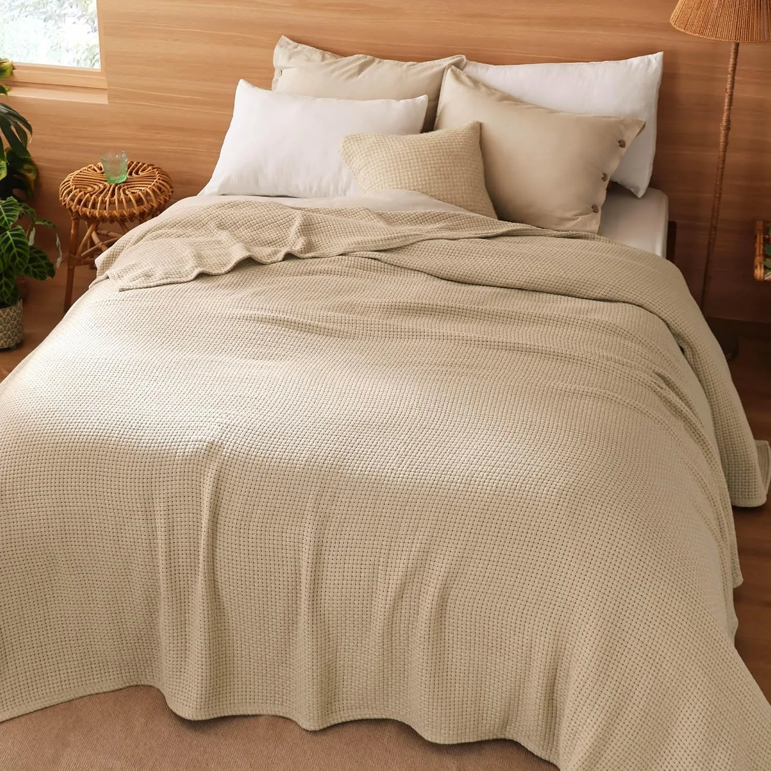 Bedsure 100% Cotton Blanket King Size for Bed - Breathable and Lightweight, Soft Cozy Basket Woven Blanket for Summer, Tan, 108x90 inches