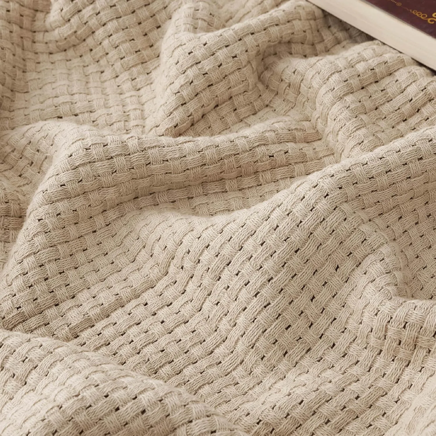Bedsure 100% Cotton Blanket King Size for Bed - Breathable and Lightweight, Soft Cozy Basket Woven Blanket for Summer, Tan, 108x90 inches