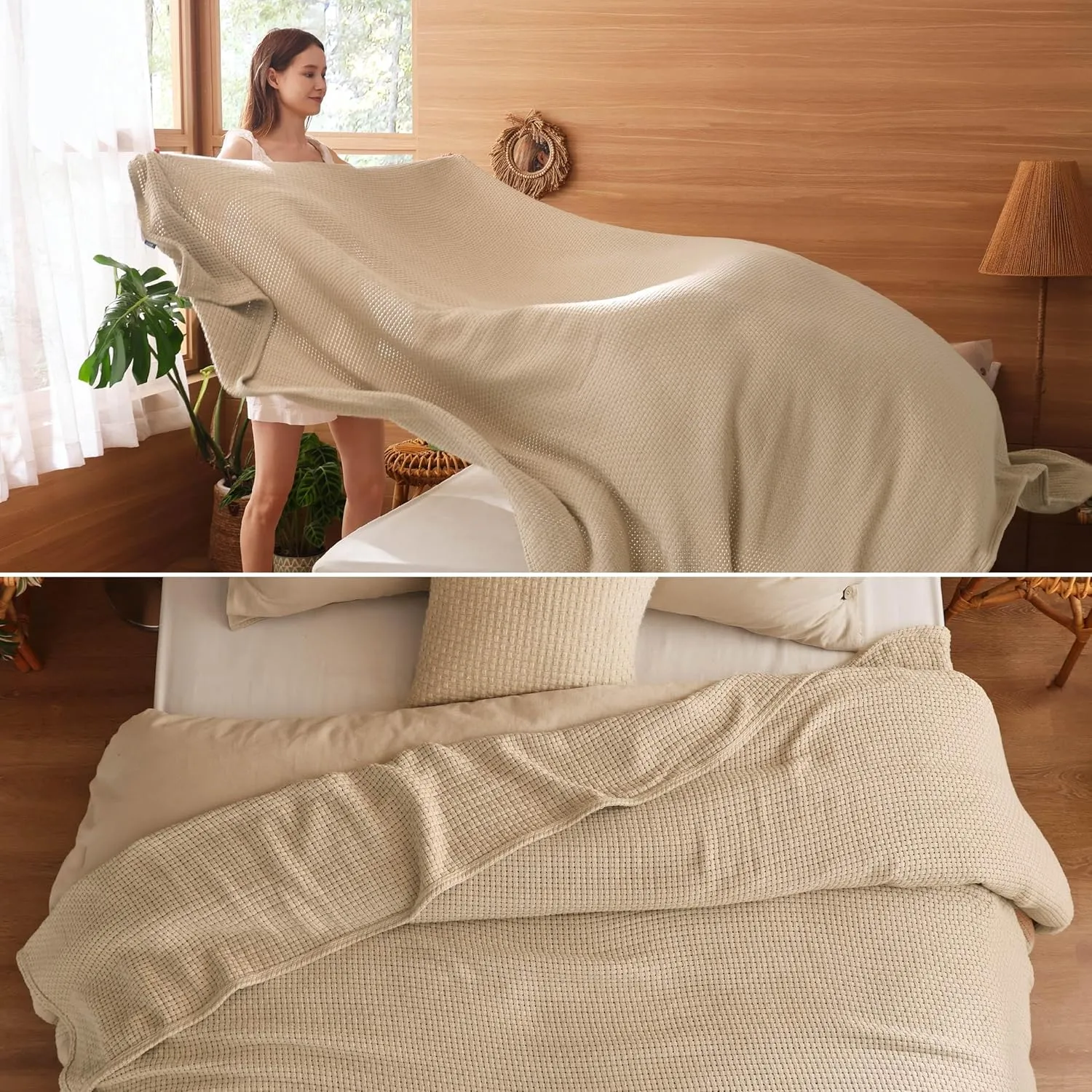 Bedsure 100% Cotton Blanket King Size for Bed - Breathable and Lightweight, Soft Cozy Basket Woven Blanket for Summer, Tan, 108x90 inches
