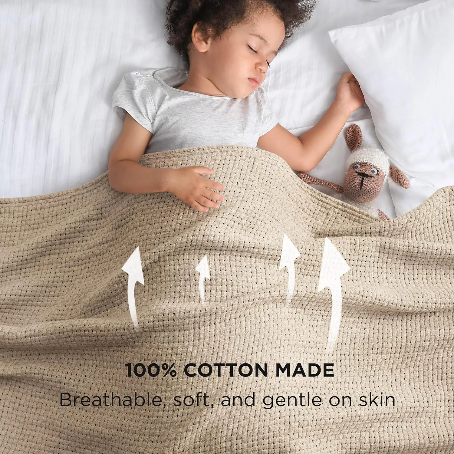 Bedsure 100% Cotton Blanket King Size for Bed - Breathable and Lightweight, Soft Cozy Basket Woven Blanket for Summer, Tan, 108x90 inches