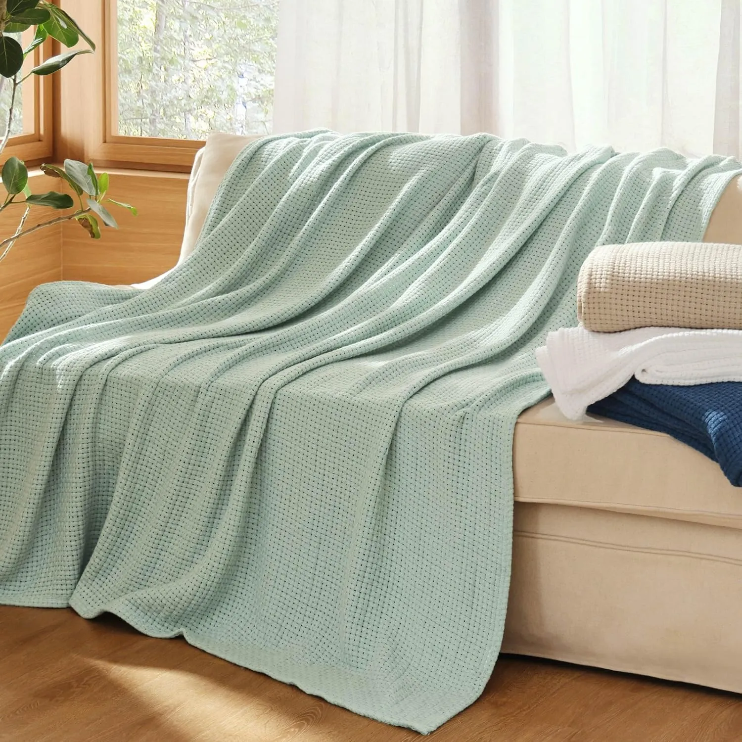 Bedsure 100% Cotton Blanket Queen Size for Bed - Breathable and Lightweight, Soft Cozy Basket Woven Blanket for Summer, White, 90x90 inches