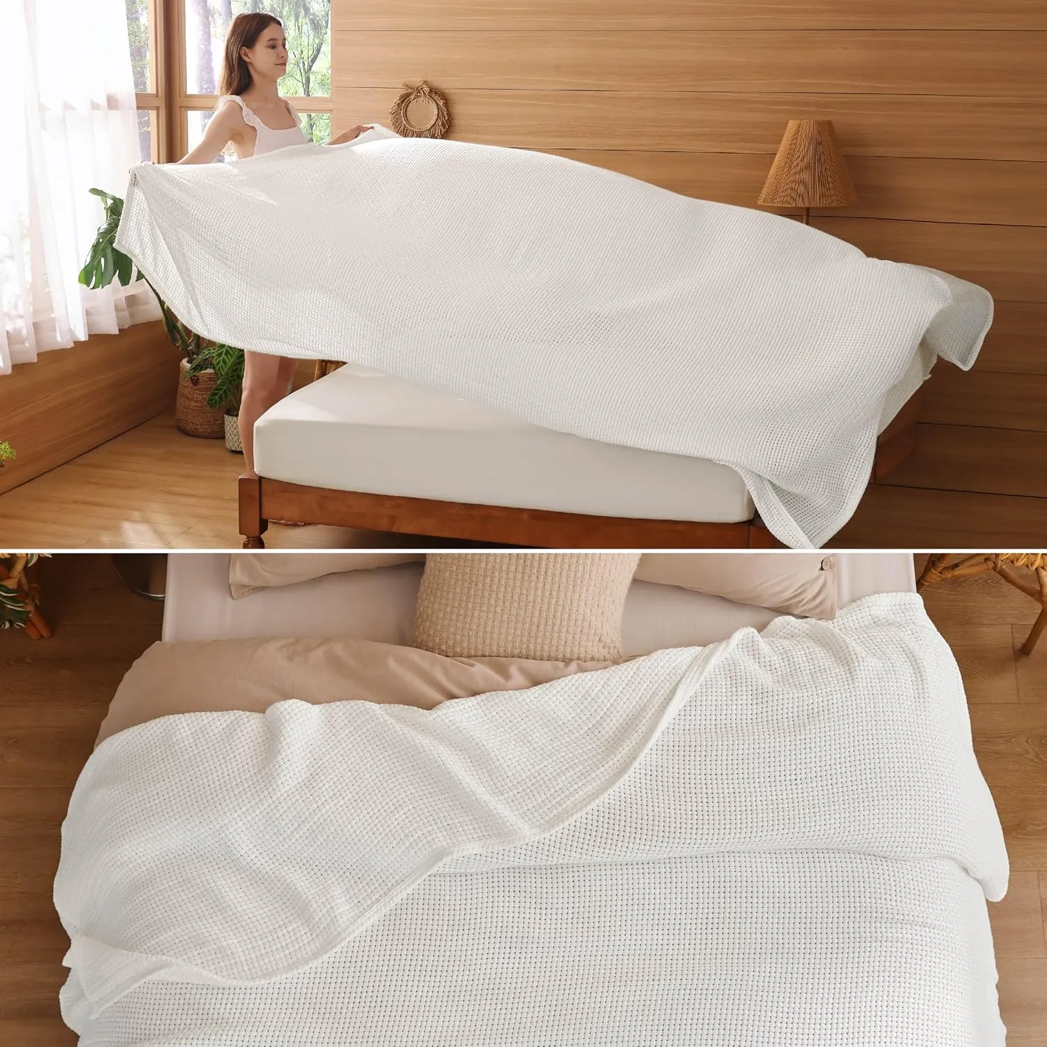 Bedsure 100% Cotton Blanket Queen Size for Bed - Breathable and Lightweight, Soft Cozy Basket Woven Blanket for Summer, White, 90x90 inches