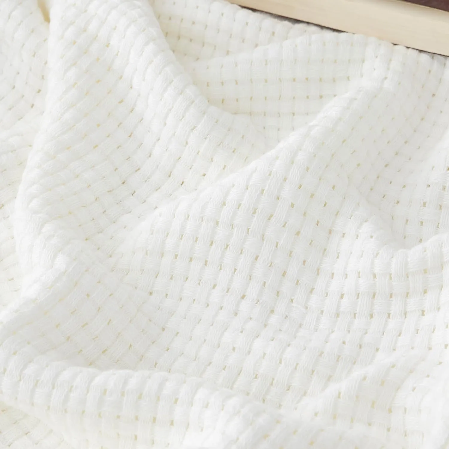 Bedsure 100% Cotton Blanket Queen Size for Bed - Breathable and Lightweight, Soft Cozy Basket Woven Blanket for Summer, White, 90x90 inches