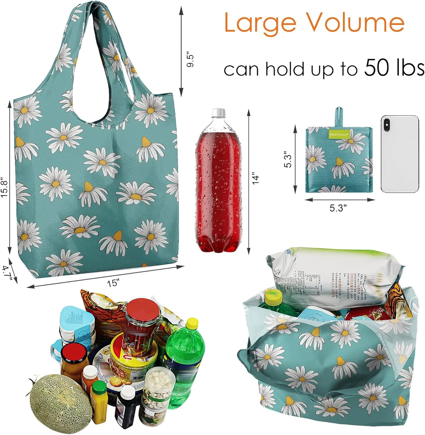 BeeGreen Reusable Grocery Bags 6 Pack Foldable Tote Bag For Women with Pouch Bulk X-Large 50Lbs Machine Washable Grocery Bags for Men Shopping Bags Tote Bag Gifts