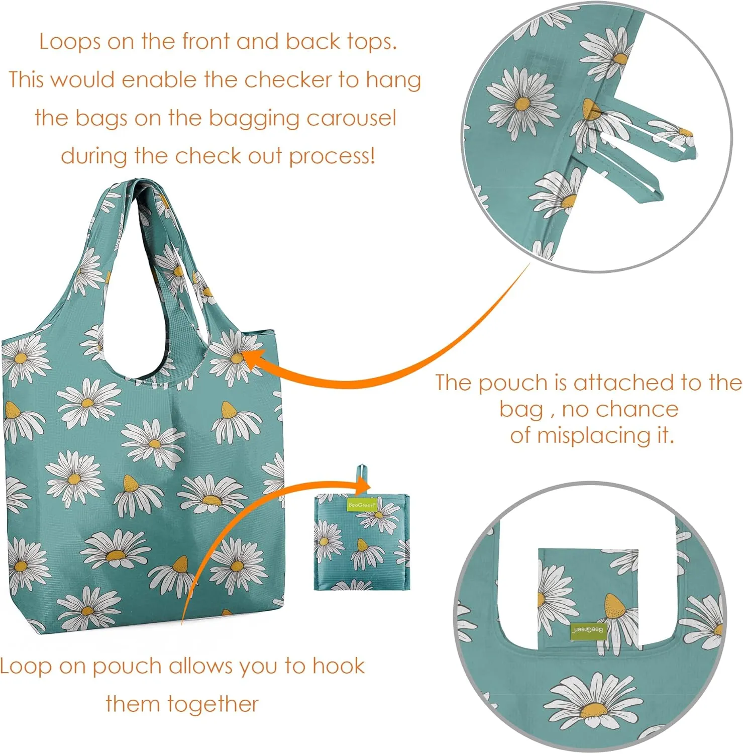 BeeGreen Reusable Grocery Bags 6 Pack Foldable Tote Bag For Women with Pouch Bulk X-Large 50Lbs Machine Washable Grocery Bags for Men Shopping Bags Tote Bag Gifts