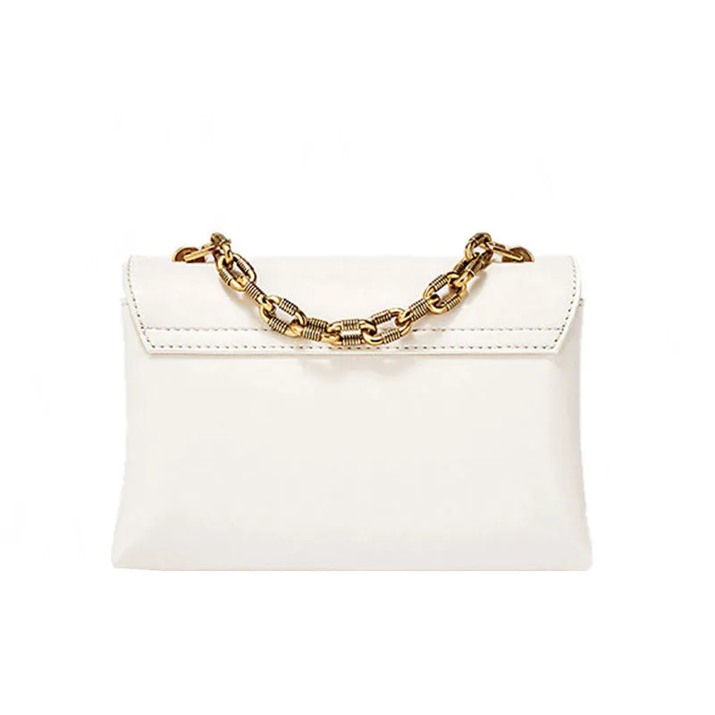 Beige Chunky Chain Trim Crossbody Bag with Flap Front and Buckle Closure