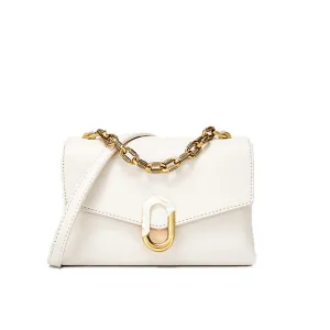 Beige Chunky Chain Trim Crossbody Bag with Flap Front and Buckle Closure