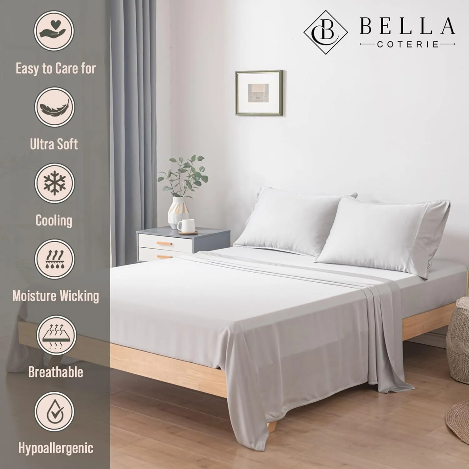 Bella Coterie Luxury Bamboo Viscose King Size Sheet Set | 100% Organically Grown | Ultra Soft | Cooling for Hot Sleepers | 18" Deep Pocket [Grey Mist]