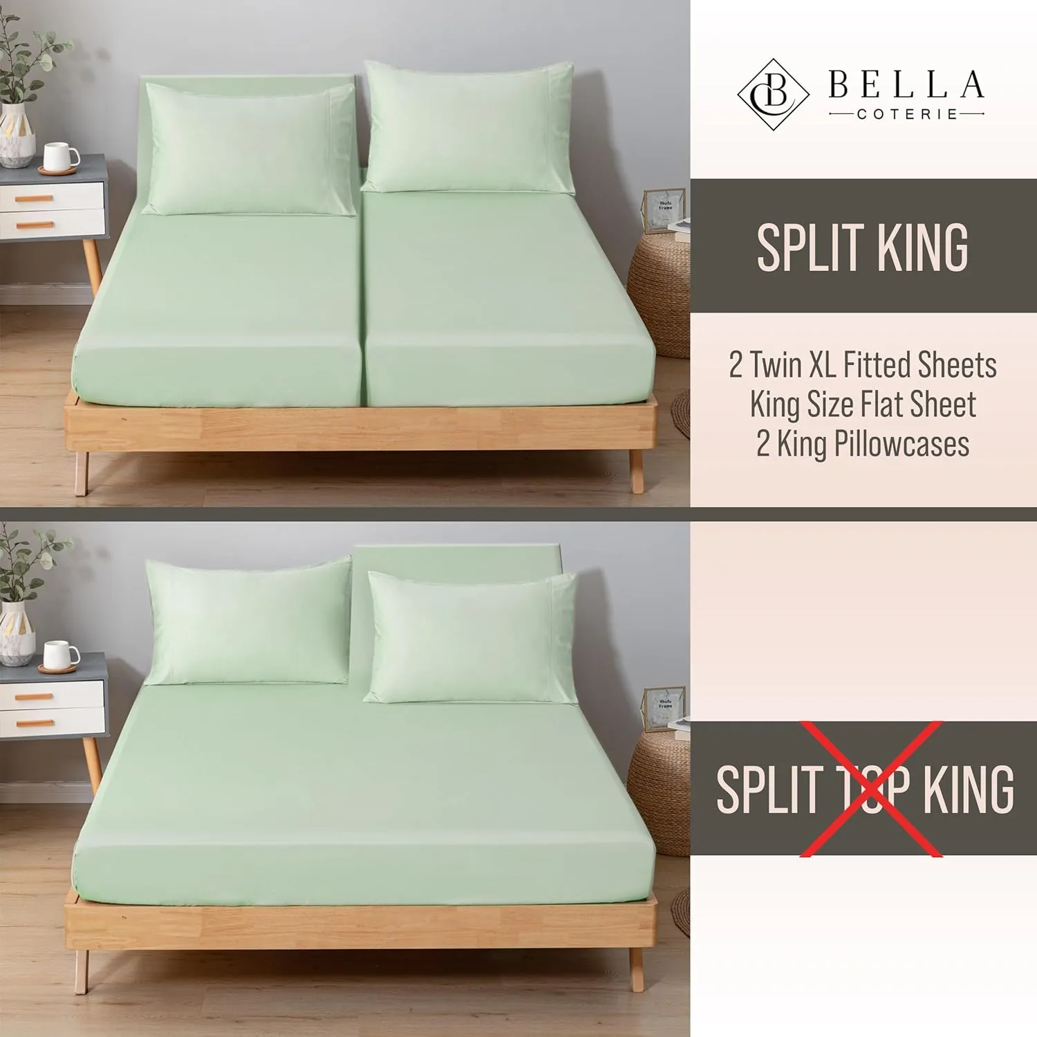 Bella Coterie Luxury Bamboo Viscose Split King Size Sheet Set | 100% Organically Grown | Ultra Soft | Cooling for Hot Sleepers | 18" Deep Pocket [Sea Glass]