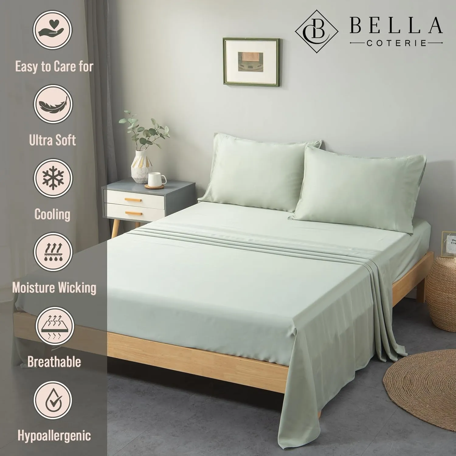 Bella Coterie Luxury Bamboo Viscose Split King Size Sheet Set | 100% Organically Grown | Ultra Soft | Cooling for Hot Sleepers | 18" Deep Pocket [Sea Glass]
