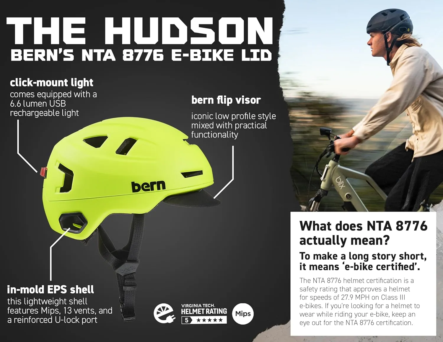 Bern Hudson Commuter Bike Helmet with MIPS, Rated for E-Bike, Integrated LED Rear Light and U-Lock Compatibility