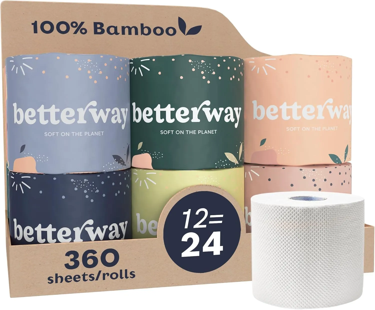 Betterway Bamboo Toilet Paper 3 Ply - Sustainable Toilet Tissue - 12 Double Rolls & 360 Sheets Per Roll - Septic Safe - Organic, Plastic Free - FSC Certified