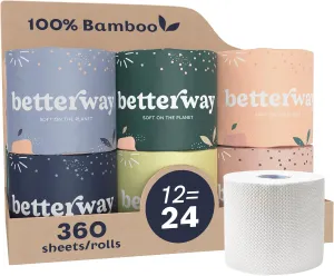 Betterway Bamboo Toilet Paper 3 Ply - Sustainable Toilet Tissue - 12 Double Rolls & 360 Sheets Per Roll - Septic Safe - Organic, Plastic Free - FSC Certified