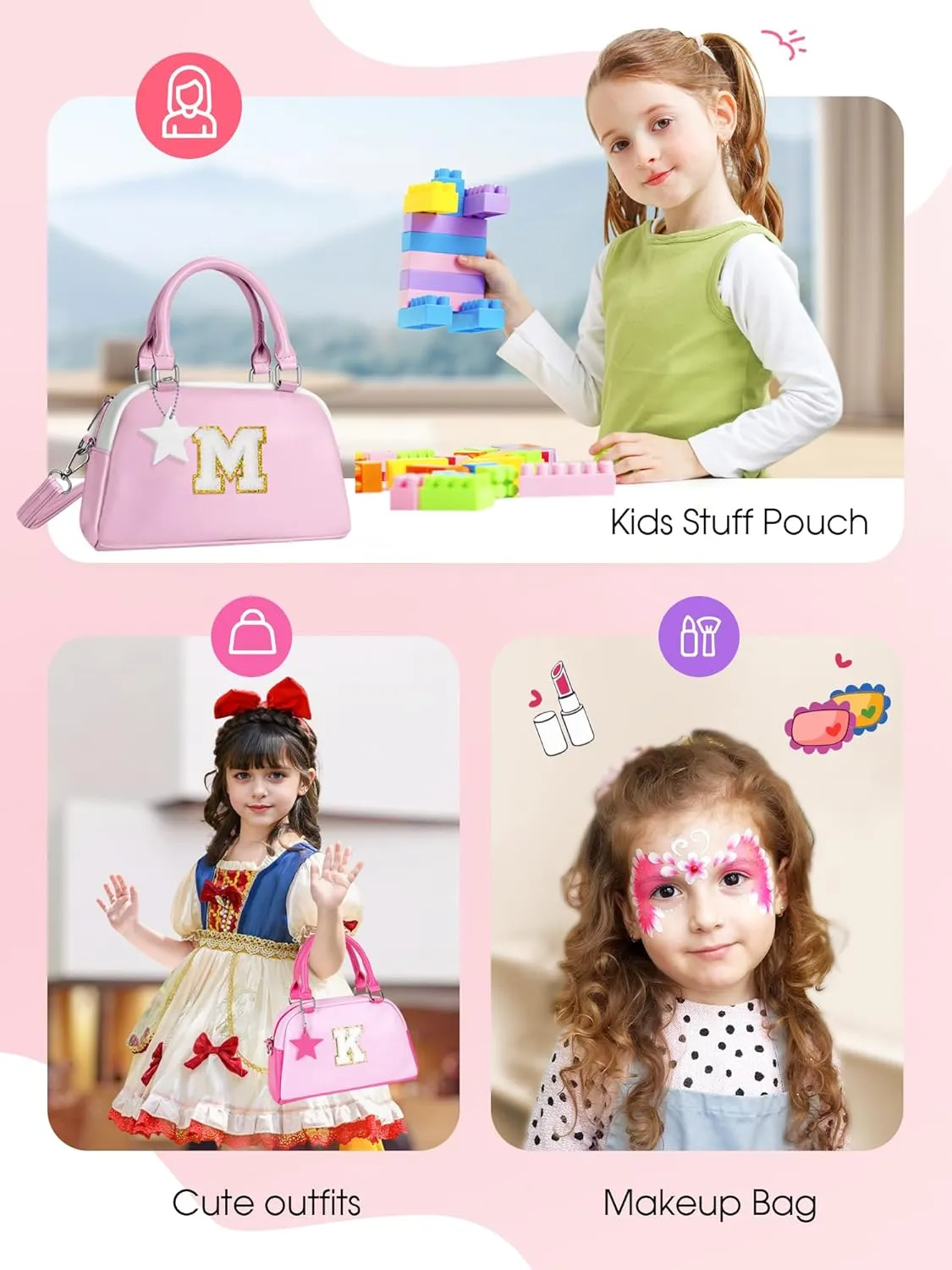 Birthday Gifts for 4 5 6 7 8 9 10 11 12, Girls Purse Kids Handle Bag, Crossbody Bags for Girl Preteens Teens, Initial bag for makeup kits, kids girls gift, Handbag-baby pink-S