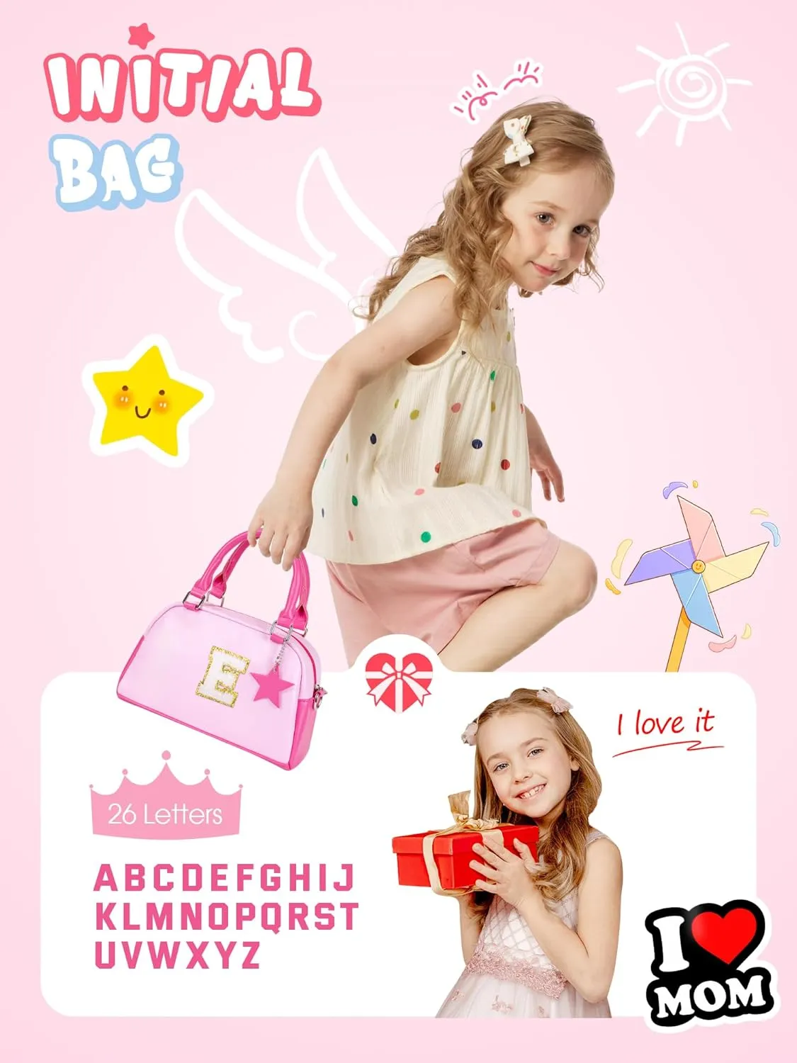 Birthday Gifts for 4 5 6 7 8 9 10 11 12, Girls Purse Kids Handle Bag, Crossbody Bags for Girl Preteens Teens, Initial bag for makeup kits, kids girls gift, Handbag-baby pink-S