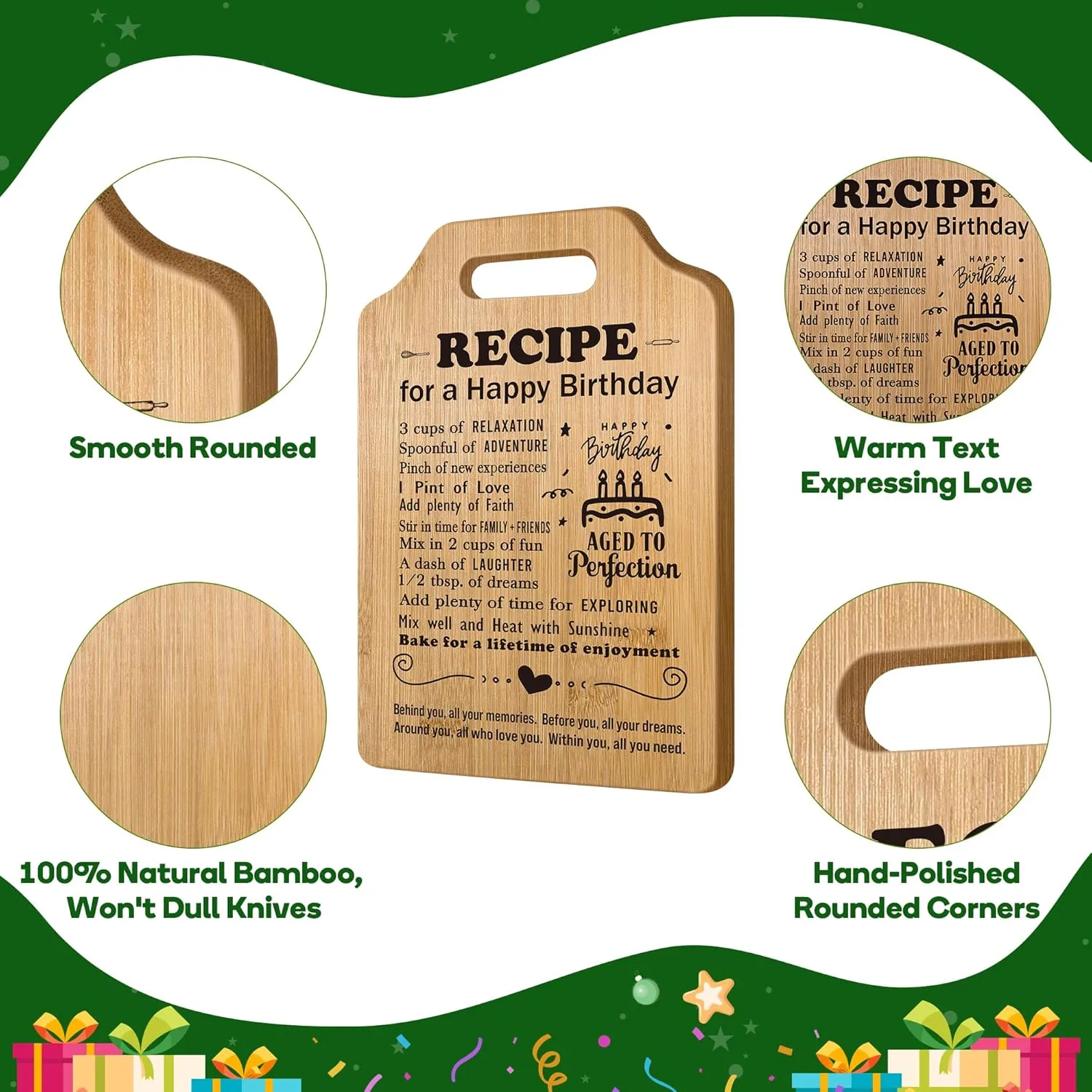 Birthday Gifts for Her & Him - Decoration Ideas, Years Old Gift Baskets for Boyfriend, Girlfriend & Best Friend - Happy Birthday Recipe Cutting Board