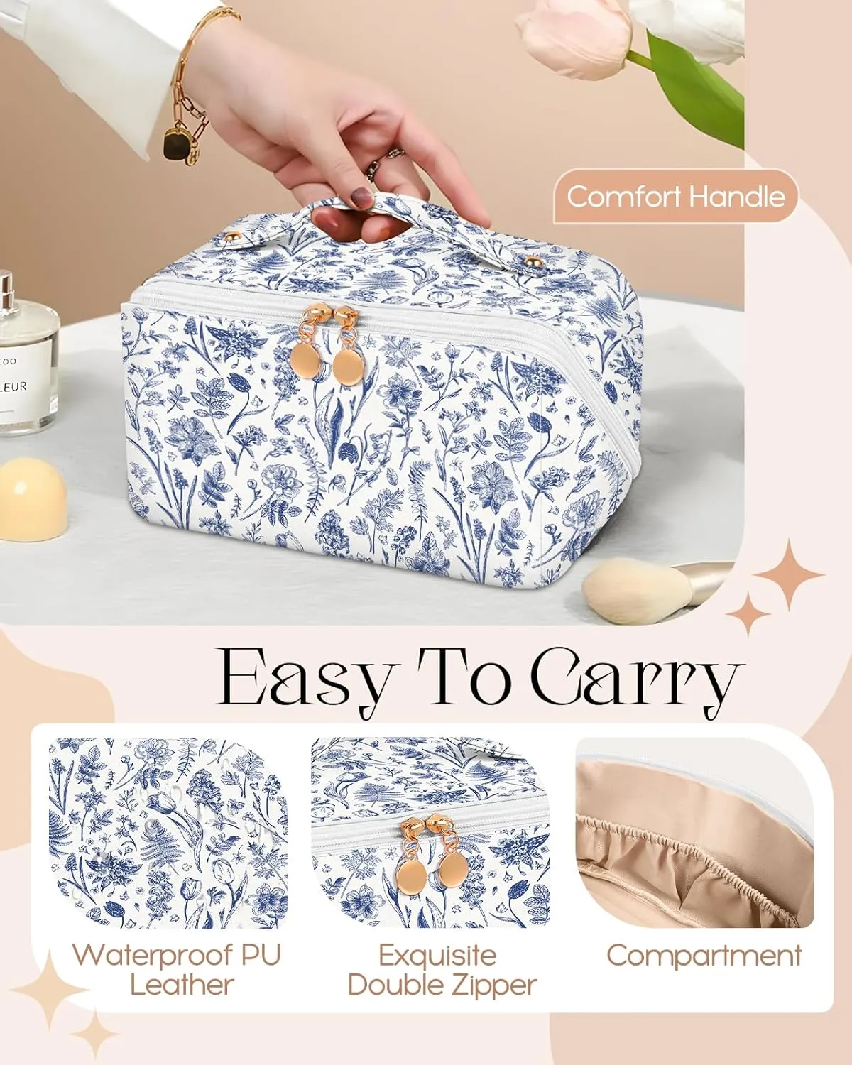 Bistup Makeup Bag Travel Cosmetic Bag Toiletry Make Up Bags Cute Women Large Capacity Big Medium Leather Blue Floral Aesthetic Girl Teen Teenage Foldable Expandable Open Flat Zip