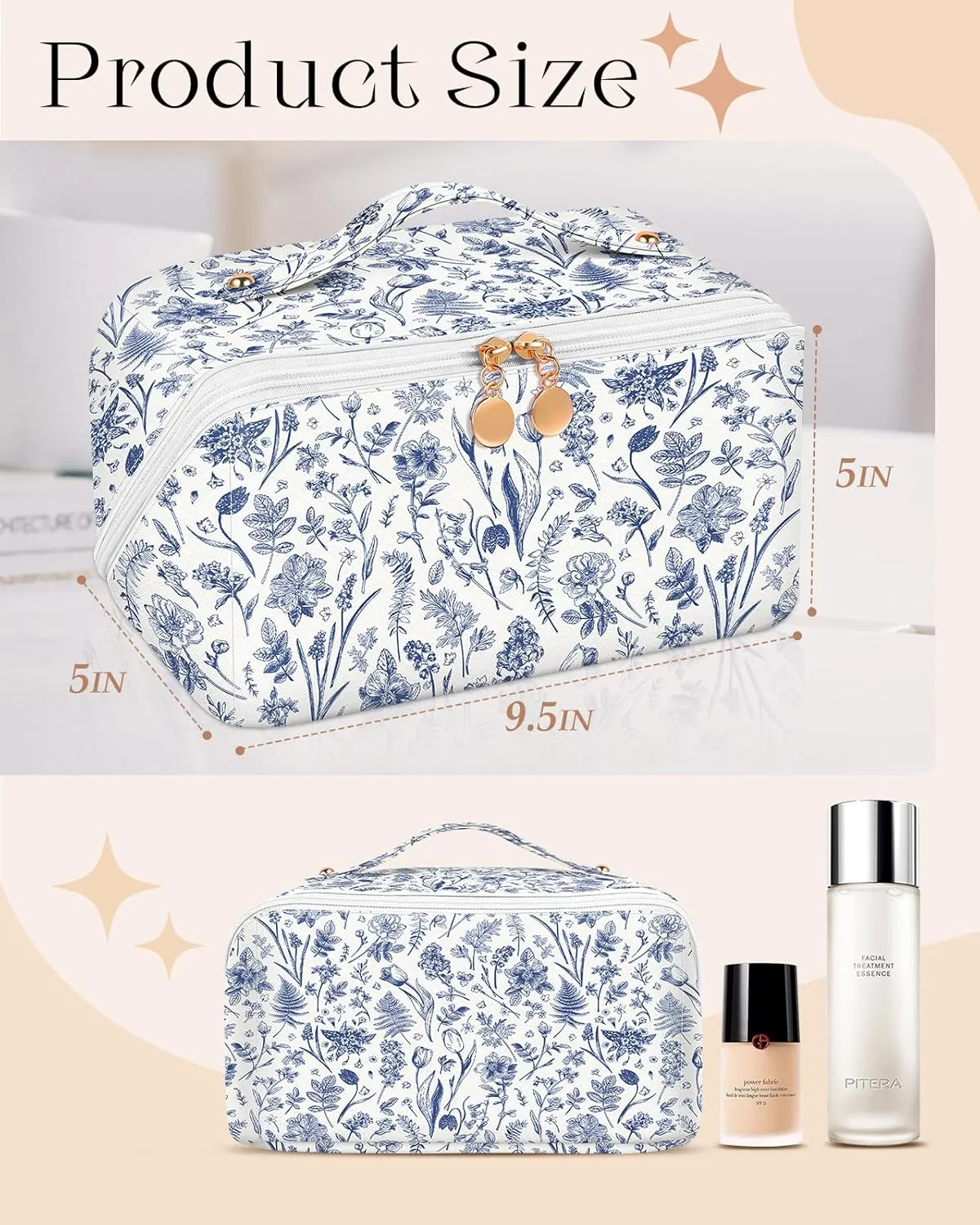 Bistup Makeup Bag Travel Cosmetic Bag Toiletry Make Up Bags Cute Women Large Capacity Big Medium Leather Blue Floral Aesthetic Girl Teen Teenage Foldable Expandable Open Flat Zip