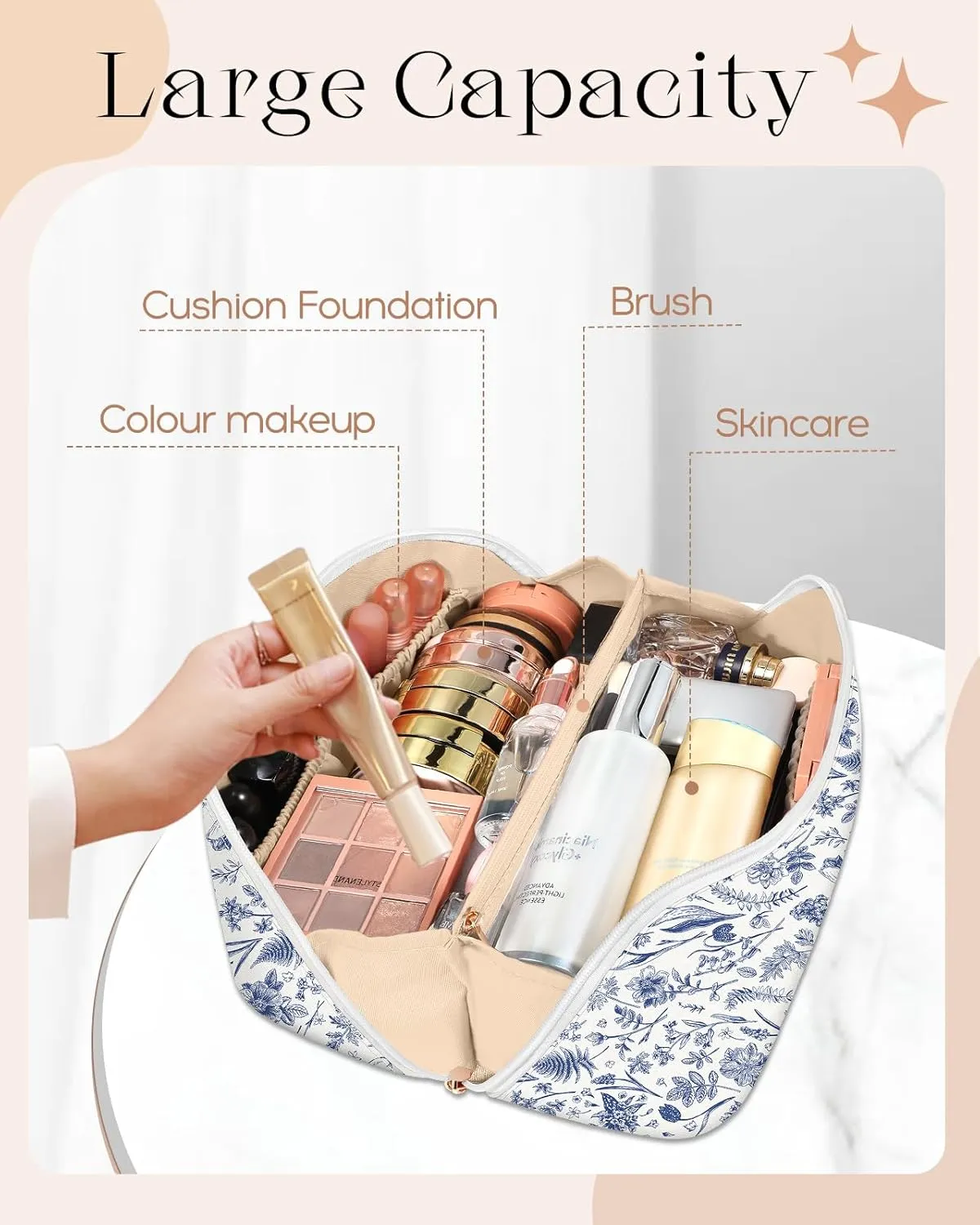 Bistup Makeup Bag Travel Cosmetic Bag Toiletry Make Up Bags Cute Women Large Capacity Big Medium Leather Blue Floral Aesthetic Girl Teen Teenage Foldable Expandable Open Flat Zip