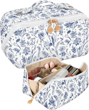 Bistup Makeup Bag Travel Cosmetic Bag Toiletry Make Up Bags Cute Women Large Capacity Big Medium Leather Blue Floral Aesthetic Girl Teen Teenage Foldable Expandable Open Flat Zip