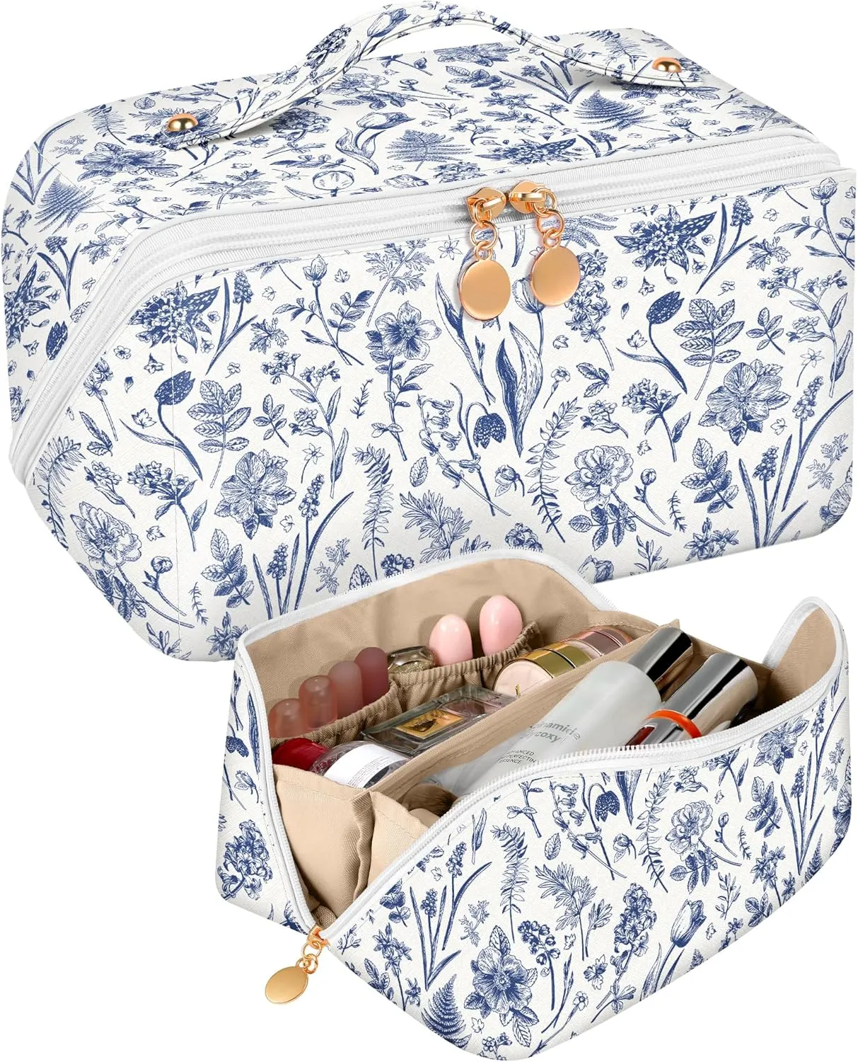 Bistup Makeup Bag Travel Cosmetic Bag Toiletry Make Up Bags Cute Women Large Capacity Big Medium Leather Blue Floral Aesthetic Girl Teen Teenage Foldable Expandable Open Flat Zip