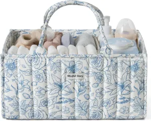 Blissful Diary Floral Diaper Caddy Organizer, Stylish Nursery Storage Basket, Gift for Baby Shower, Baby Registry Must Have, Newborn Essentials, Blue Floral