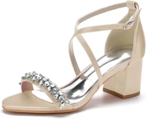 Block Heel Wedding Sandals for Birde Crystals Cross Strap Open Toe Bridal Sandal Heels