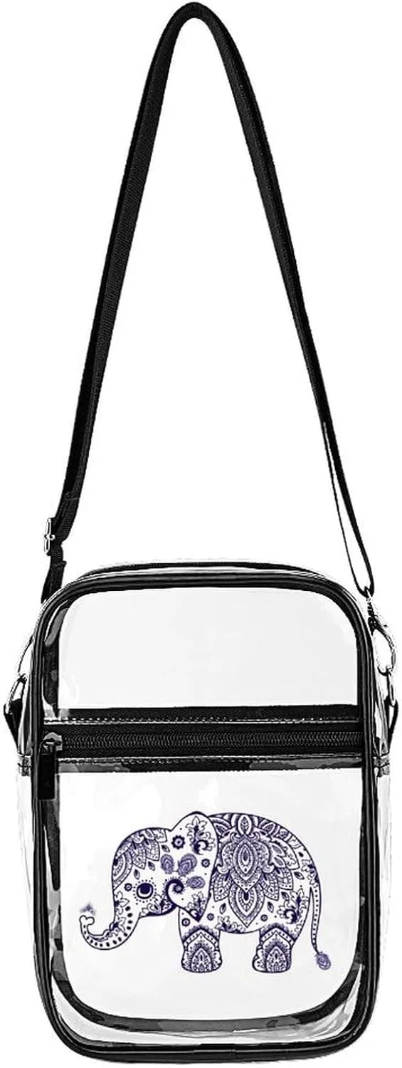 Blue Floral Elephant Illustration Clear Stadium Crossbody Bags Adjustable Strap Shoulder Purse for Women and Men