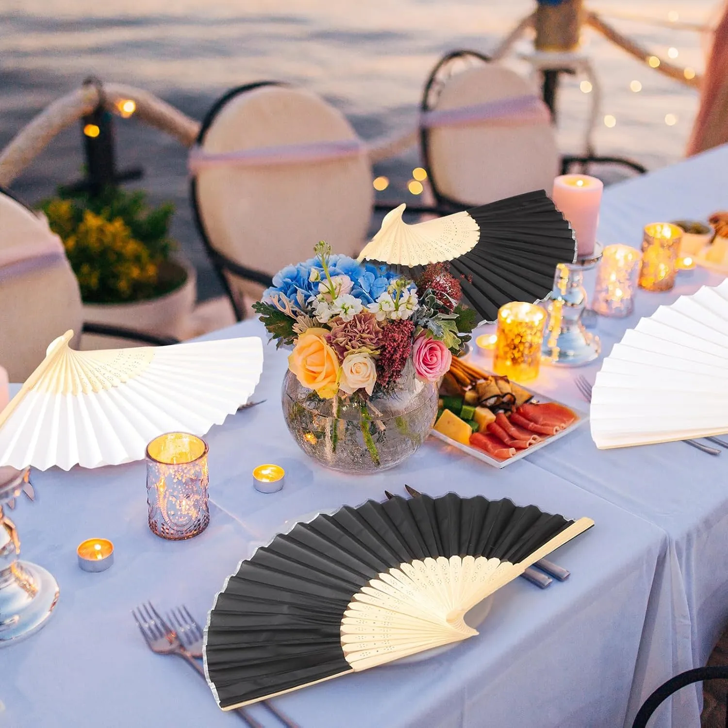 Blulu 40 Pcs Folding Hand Fans for Line Dancing Bulk Silk Bamboo Popping Clapping Fans for Line Dancing Boots On The Ground for Women Foldable Summer Beach Wedding Gifts (Black White)