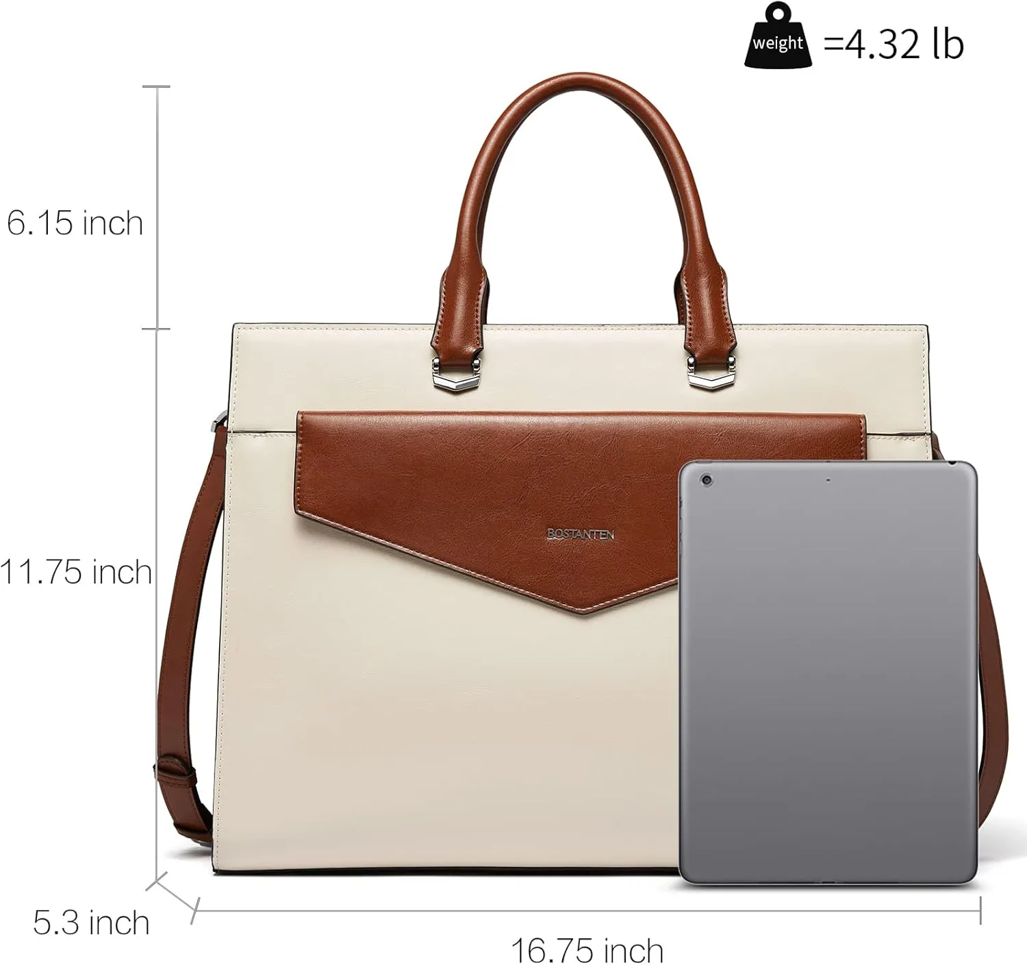 BOSTANTEN Briefcase for Women Laptop Tote 15.6 Inch Genuine Leather Handbag Work Bag Beige