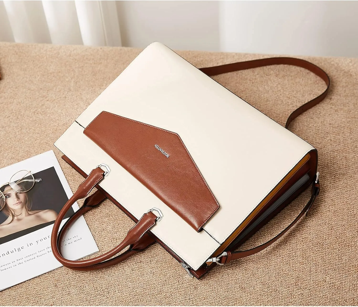 BOSTANTEN Briefcase for Women Laptop Tote 15.6 Inch Genuine Leather Handbag Work Bag Beige