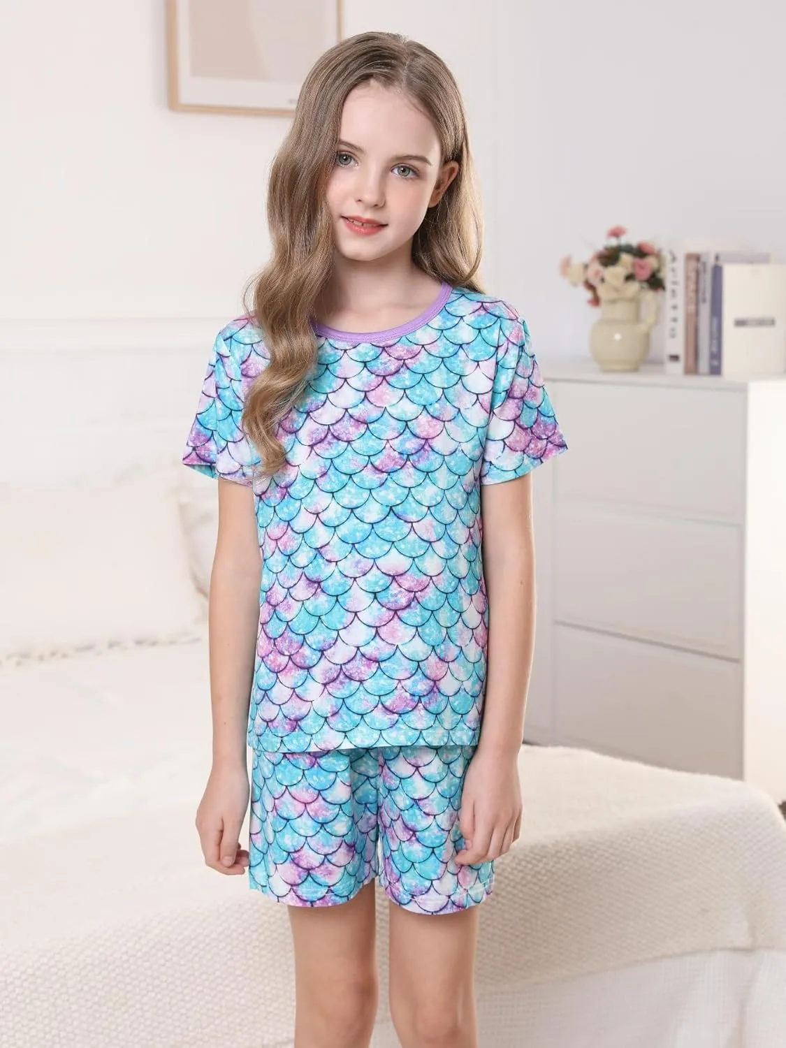 Bow Dream Rayon Bamboo Fiber Shorts and T-Shirt Set Cute Flower Print High Stretch,Girl Outfits for Toddler and Kids Clothes