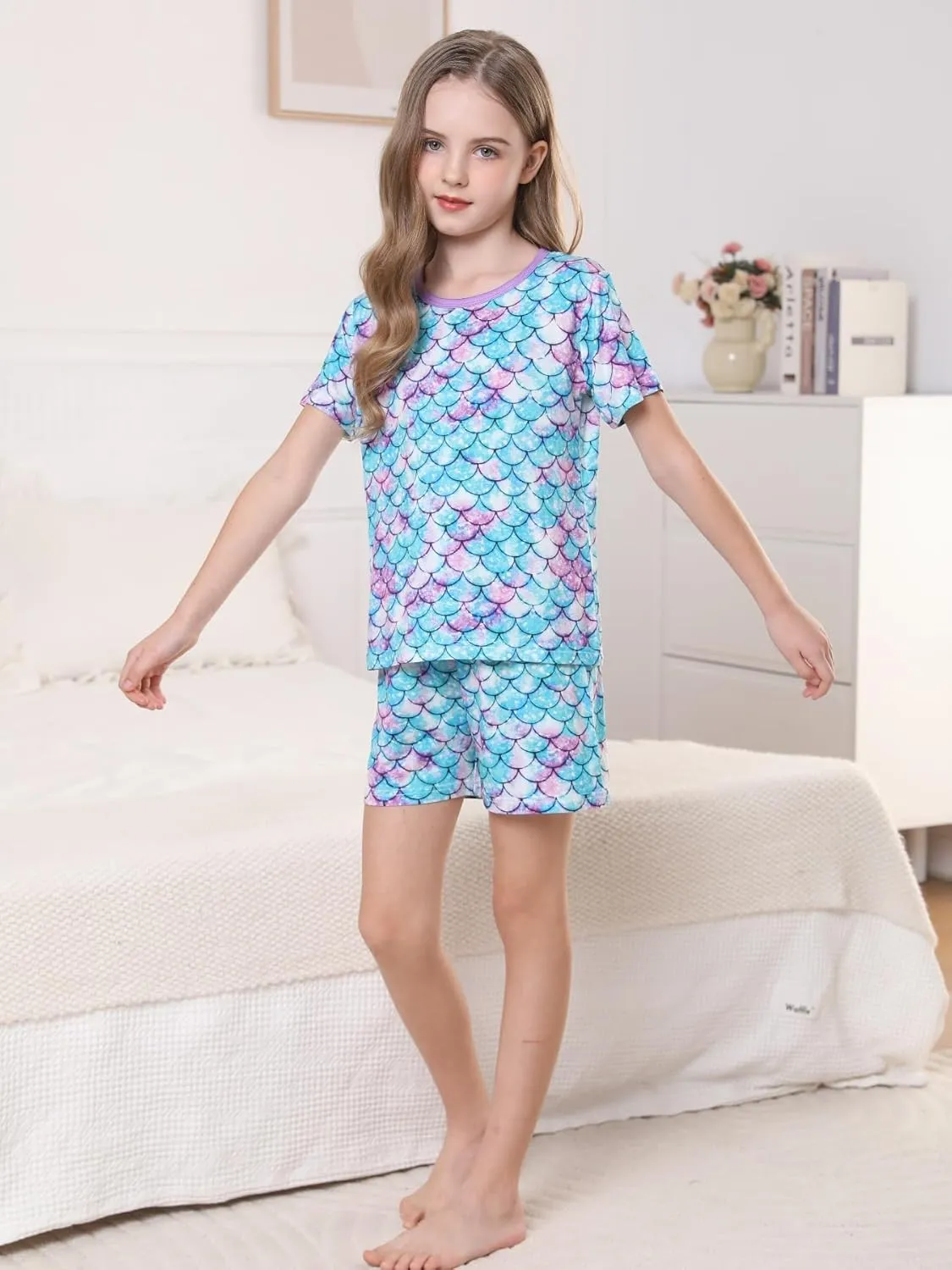 Bow Dream Rayon Bamboo Fiber Shorts and T-Shirt Set Cute Flower Print High Stretch,Girl Outfits for Toddler and Kids Clothes