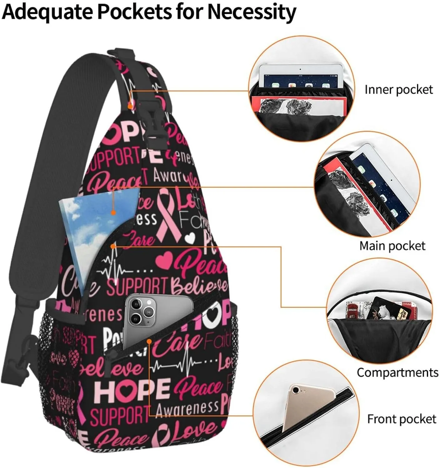 Breast Cancer Awareness Sling Bag for women,Multipurpose Crossbody Chest Bag Sports Sling Bag for Hiking Travel