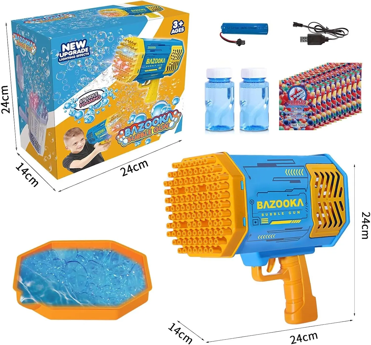 Bubble Gun Bazooka Machine with Solution - 69 Holes Blaster for Outdoor Summer Toy Gifts, Party Favors - Blue Bubble Maker Blowers for Kids