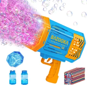 Bubble Gun Bazooka Machine with Solution - 69 Holes Blaster for Outdoor Summer Toy Gifts, Party Favors - Blue Bubble Maker Blowers for Kids