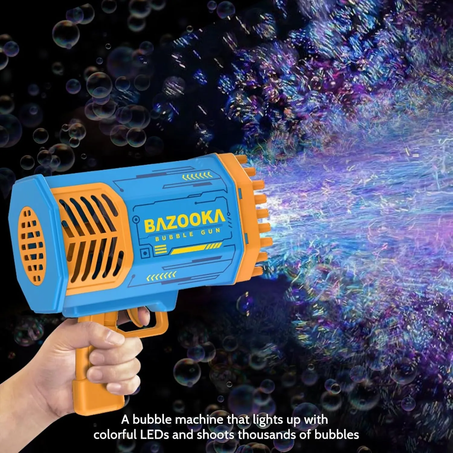 Bubble Gun Bazooka Machine with Solution - 69 Holes Blaster for Outdoor Summer Toy Gifts, Party Favors - Blue Bubble Maker Blowers for Kids