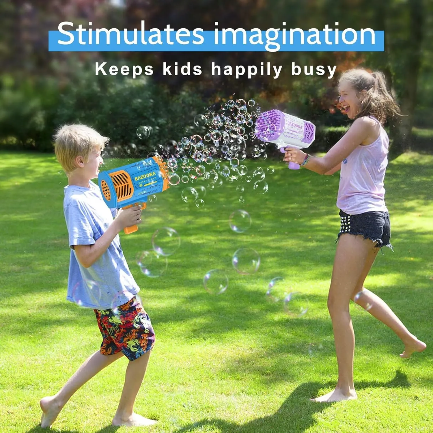 Bubble Gun Bazooka Machine with Solution - 69 Holes Blaster for Outdoor Summer Toy Gifts, Party Favors - Blue Bubble Maker Blowers for Kids